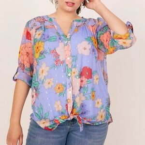 Fig & Flower Floral Metallic Sheer Boho Hippie Roll Tab Button Up Top 3X